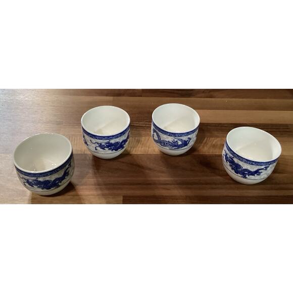 White Jade Porcelain Cheng's Blue Rose Dragon Set of 4 Tea Sake Cups - Picture 2 of 9